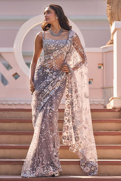 Grey floral sequin embroidered sari set