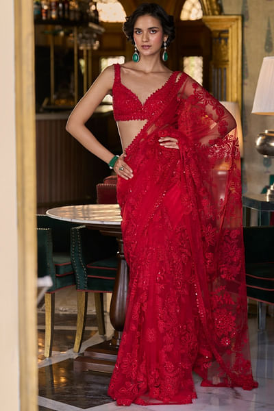 Red floral dori embroidered sari set
