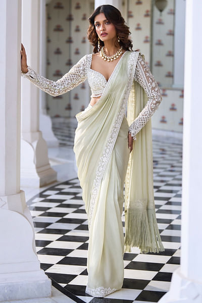 Mint green embroidered pre-draped sari set