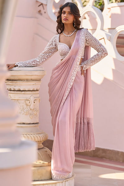 Pink floral embroidered pre-draped sari set