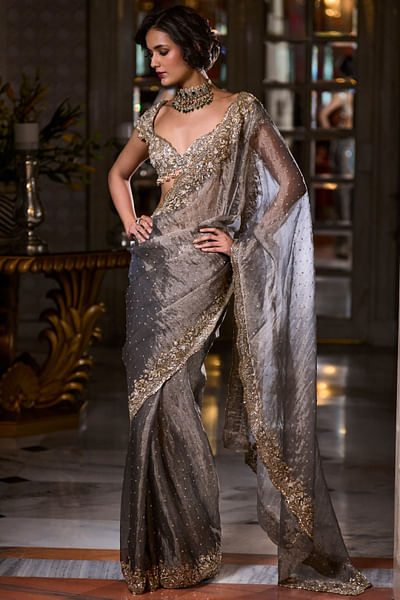 Grey sequin embroidered tissue sari set
