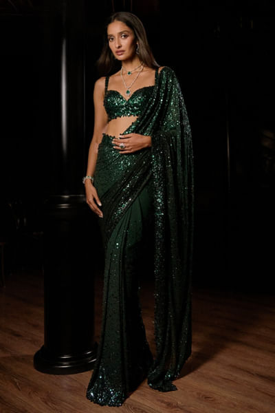 Emerald green ombre bead embroidered sari set