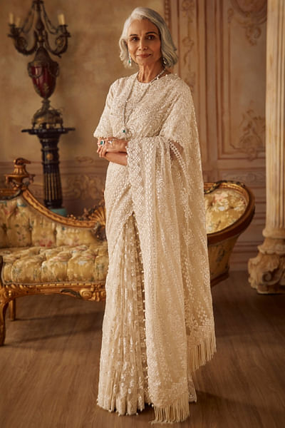 Ivory pearl embroidered and fringed sari set