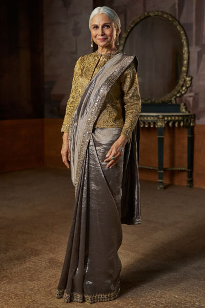 Grey and antique gold embroidered sari set