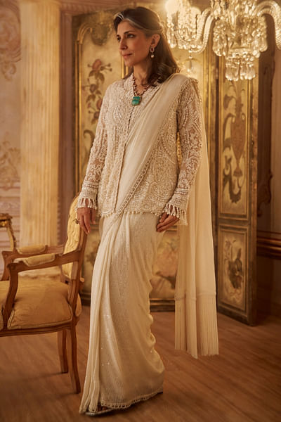 Ivory pearl jacket and pre-draped sari set