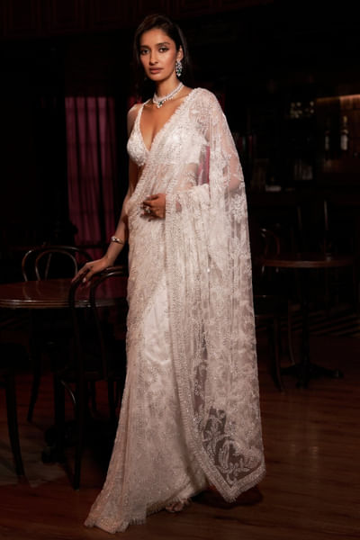 Ivory pearl embroidered sari set