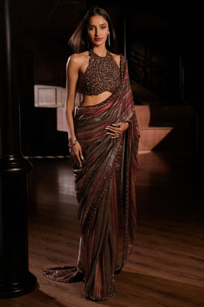 Wine sequin embroidered sari set