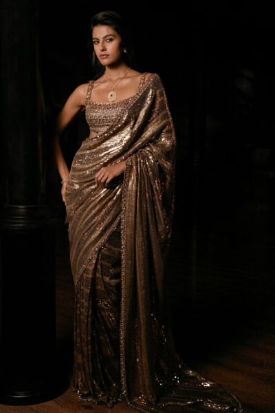 Antique gold sequin embroidered sari set