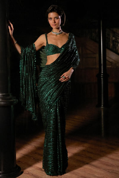 Emerald green sequin embroidered sari set