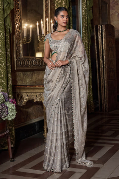 Seema Gujral Champagne emerald-crystal embellished sari set SEEMJUL26D248785