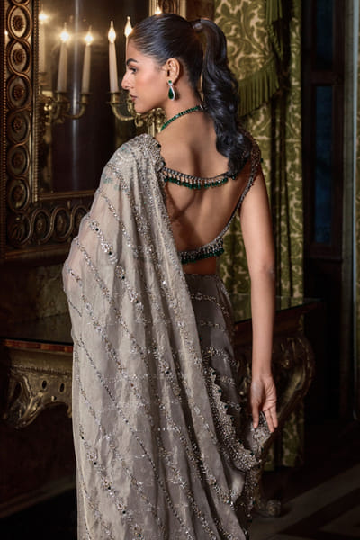 Seema Gujral Champagne emerald-crystal embellished sari set SEEMJUL26D248785