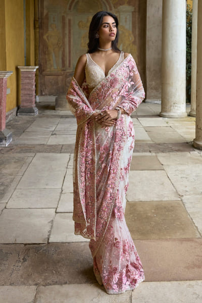 Seema Gujral Pastel Pink thread embroidered floral sari set SEEMJUL26D248794