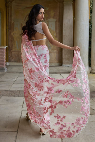 Seema Gujral Pastel Pink thread embroidered floral sari set SEEMJUL26D248794