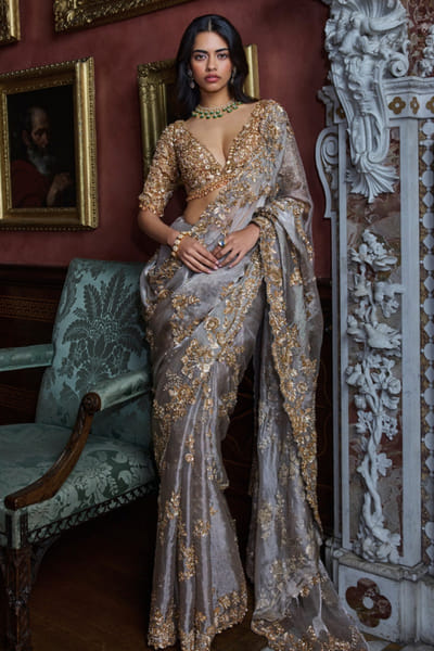 Seema Gujral Gun metal-gold embroidered sari set SEEMJUL26D248795