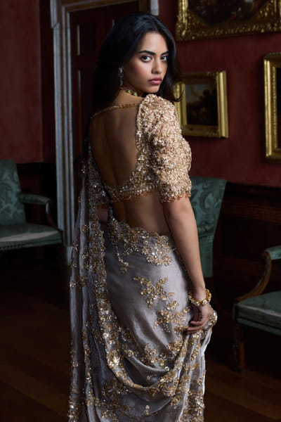 Seema Gujral Gun metal-gold embroidered sari set SEEMJUL26D248795