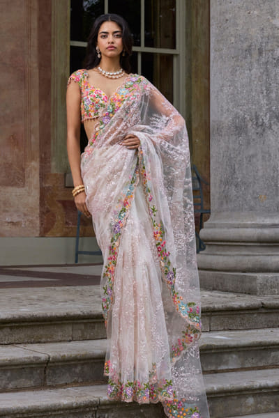 Seema Gujral Nude floral jaal embroidered sari set SEEMJUL26D248776