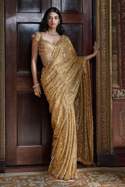 Seema Gujral Gold sequin and crystal embroidered sari set SEEMJUL26D248777