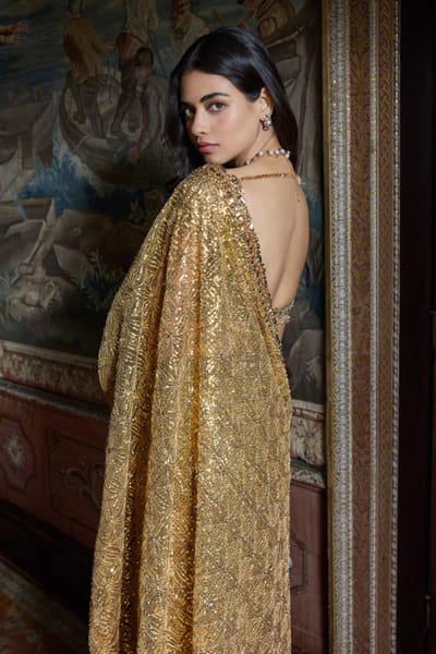 Seema Gujral Gold sequin and crystal embroidered sari set SEEMJUL26D248777
