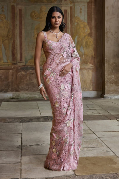Seema Gujral Dusty pink abstract embroidered sari set SEEMJUL26D248781