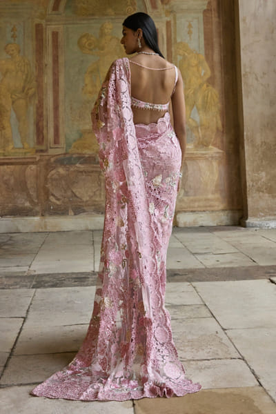 Seema Gujral Dusty pink abstract embroidered sari set SEEMJUL26D248781