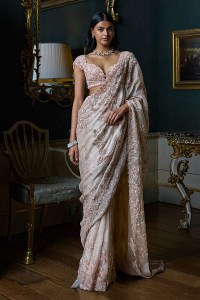 Seema Gujral Rose gold tonal embroidered sari set SEEMJUL26D248780
