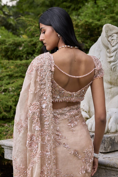 Seema Gujral Rose gold tonal embroidered sari set SEEMJUL26D248780
