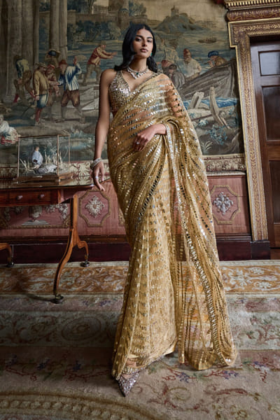 Seema Gujral Gold mirror embroidered sari set SEEMJUL26D248779