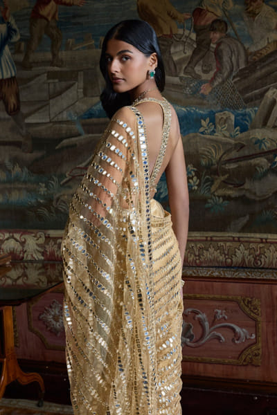 Seema Gujral Gold mirror embroidered sari set SEEMJUL26D248779