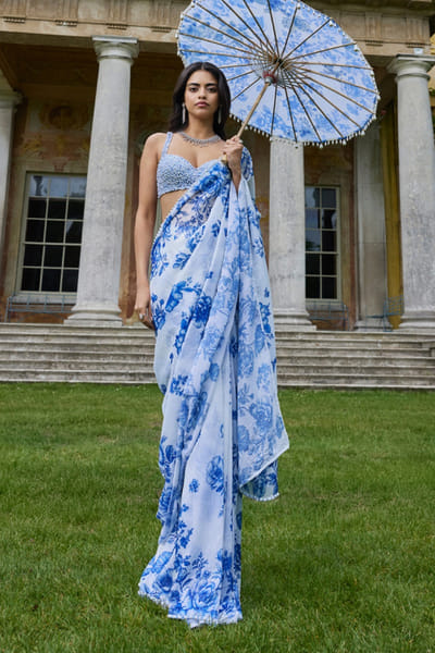 Seema Gujral Ivory and blue floral embroidered sari set SEEMJUL26D248778