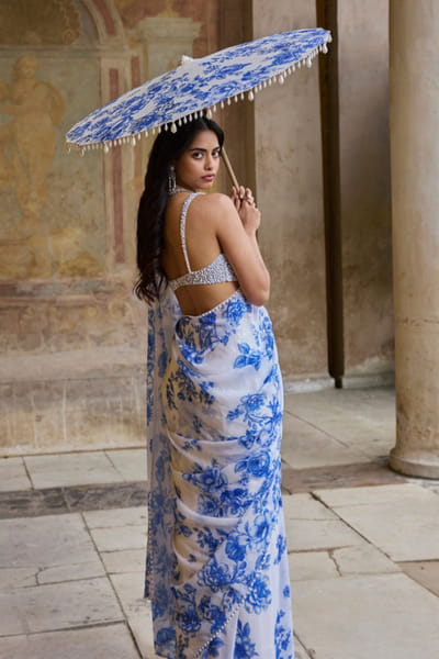 Seema Gujral Ivory and blue floral embroidered sari set SEEMJUL26D248778