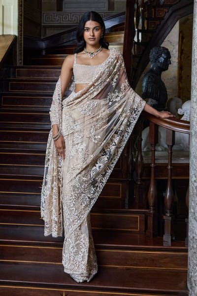 Seema Gujral Nude abstract embroidered sari set SEEMJUL26D248782