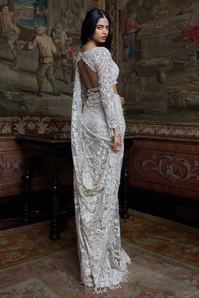Seema Gujral Ivory tonal embroidered floral sari set SEEMJUL26D248775