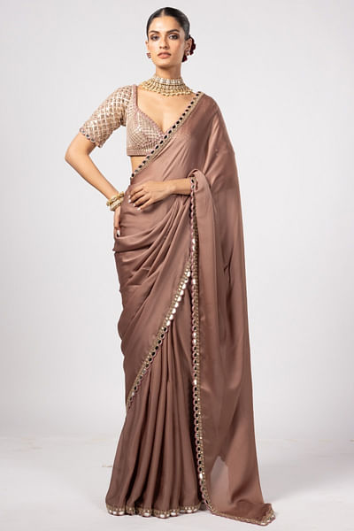 Deep beige mirror and gota sari set