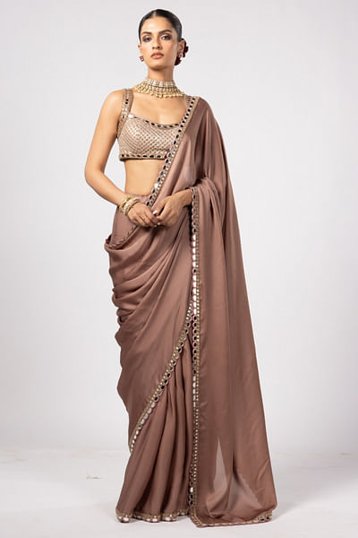 Deep beige gota and mirror sari set