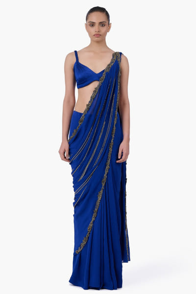 Royal blue embellished pre-draped sari set