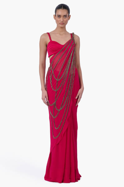 Fuchsia embellished and draped sari set