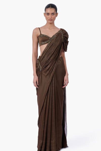 Vintage rust embellished pre-draped sari set