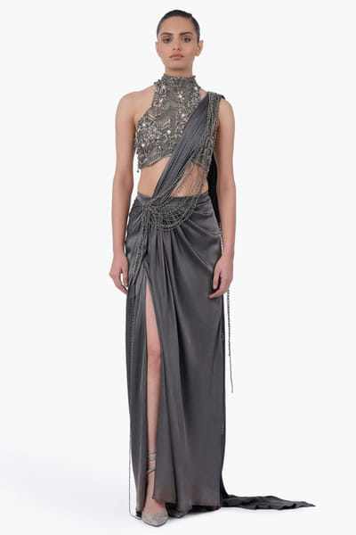 Ivy grey embellished and draped sari set