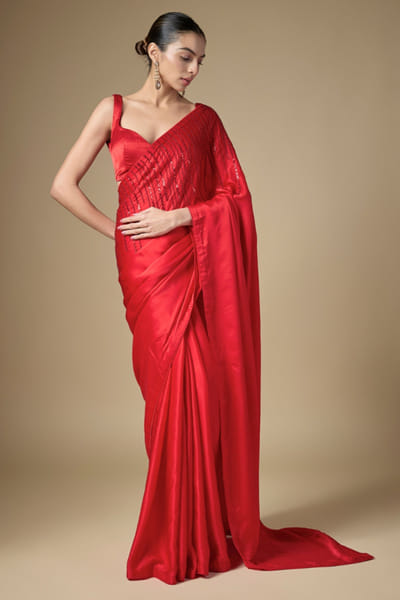 Vermillion red sequin embroidered sari set