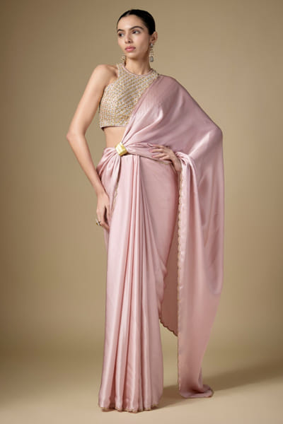 Rosequarts pink gota jaal embroidered sari set
