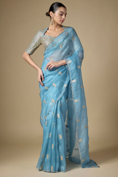 Pacific blue gota jaal embroidered sari set