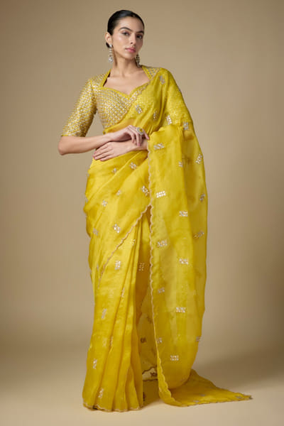 Citrine yellow gota jaal embroidered sari set