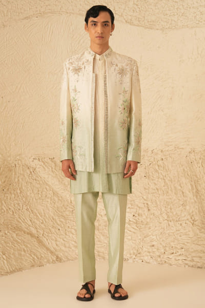 Shreyansh Designs Ivory and pista thread embroidered jacket set SHREAUG26D152366