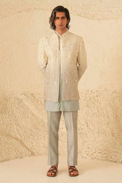 Shreyansh Designs Ivory and grey resham embroidered jacket set SHREAUG26D152368