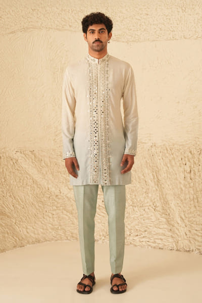 Shreyansh Designs Ivory and blue mirror embroidered kurta set SHREAUG26D152369