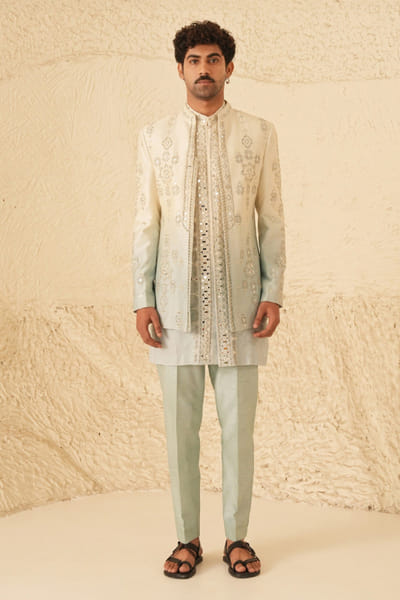 Shreyansh Designs Ivory and blue mirror embroidered jacket set SHREAUG26D152370