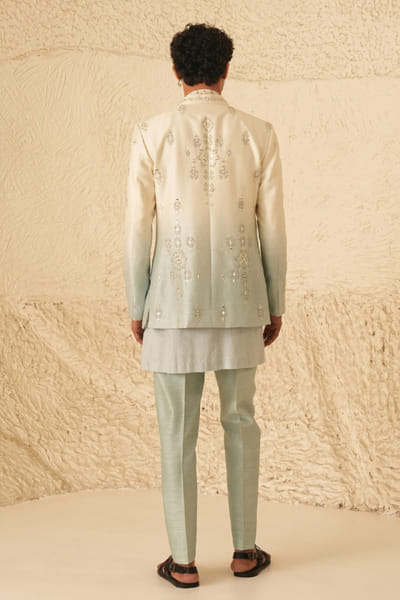 Shreyansh Designs Ivory and blue mirror embroidered jacket set SHREAUG26D152370