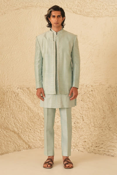 Shreyansh Designs Blue pearl embellished jacket set SHREAUG26D152374
