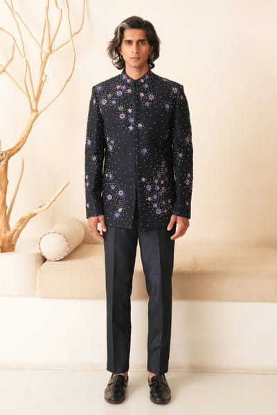 Shreyansh Designs Midnight blue floral embroidered bandhgala set SHREAUG26D152387