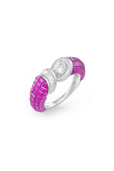 Ruby and silver stone embellished ring